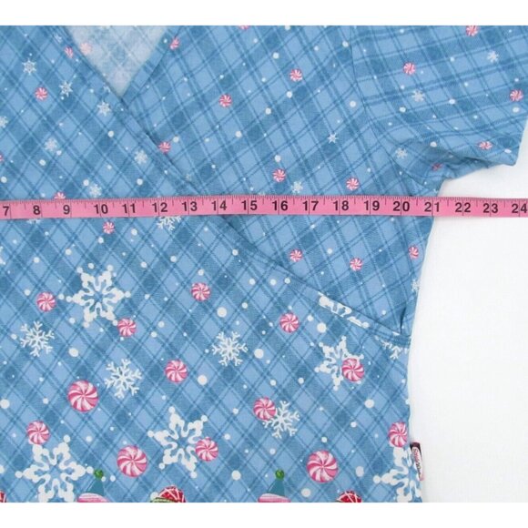 Vtg Scrub Works Scrub Top Womens Large Christmas Faux Wrap Pocket Nurse Snowman - Picture 6 of 10
